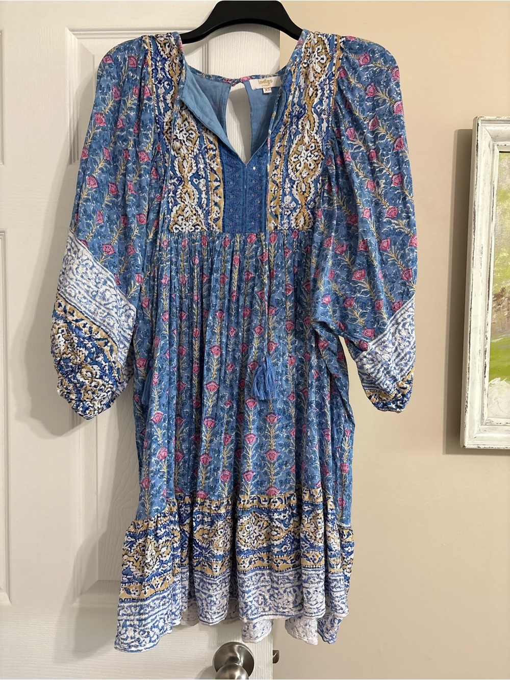 Indigo Desert Embroidered Boho Dress Blue Floral Long Sleeve XS